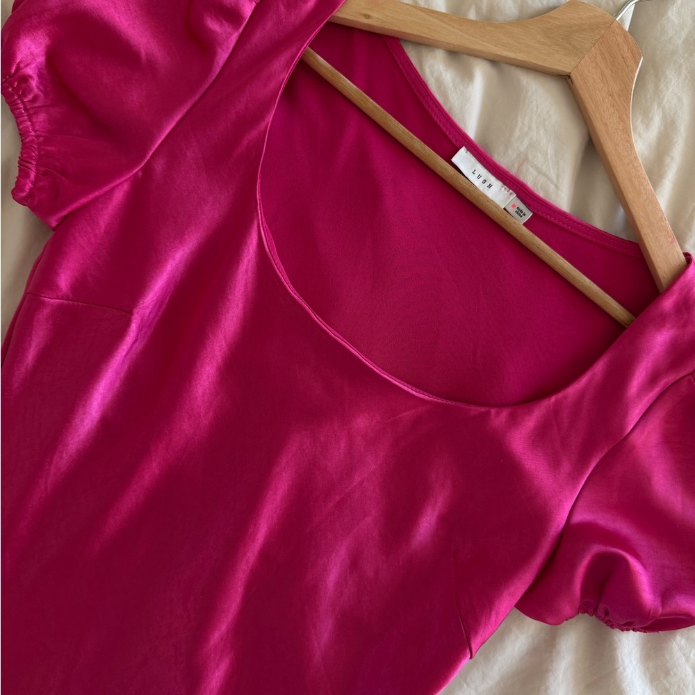Shiny Puff Sleeve Fuchsia Party Dress by Lush